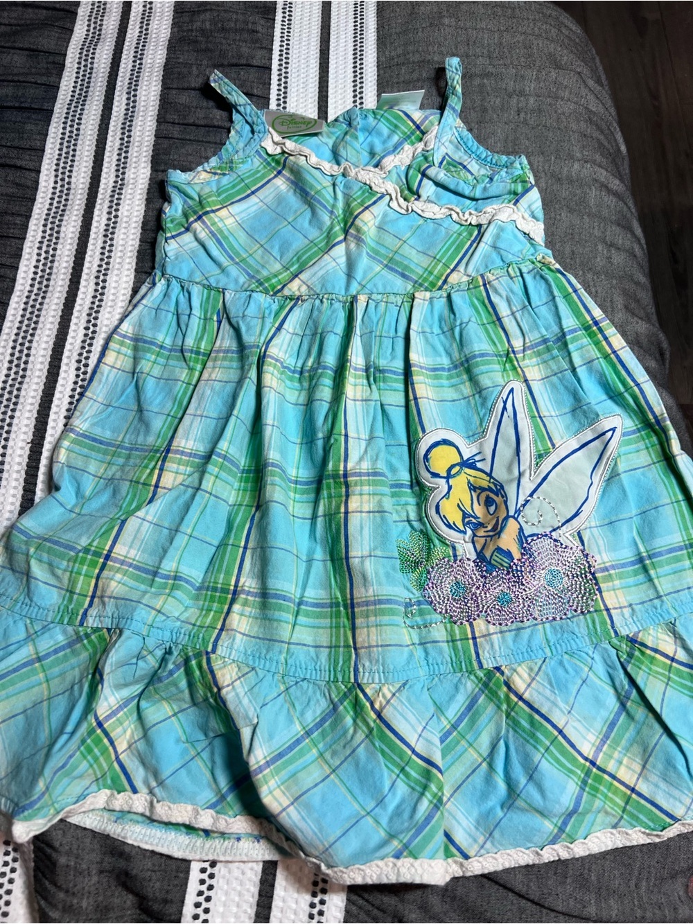 Vtg Disney Blue and Green Plaid Tinker Bell Sundress
